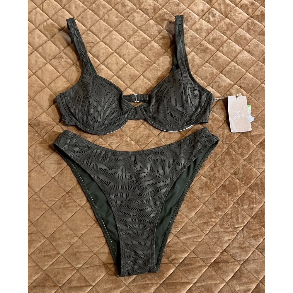 NWT BERLOOK Green Crochet Bikini XL Underwire High Waist Boho Swim Vacation